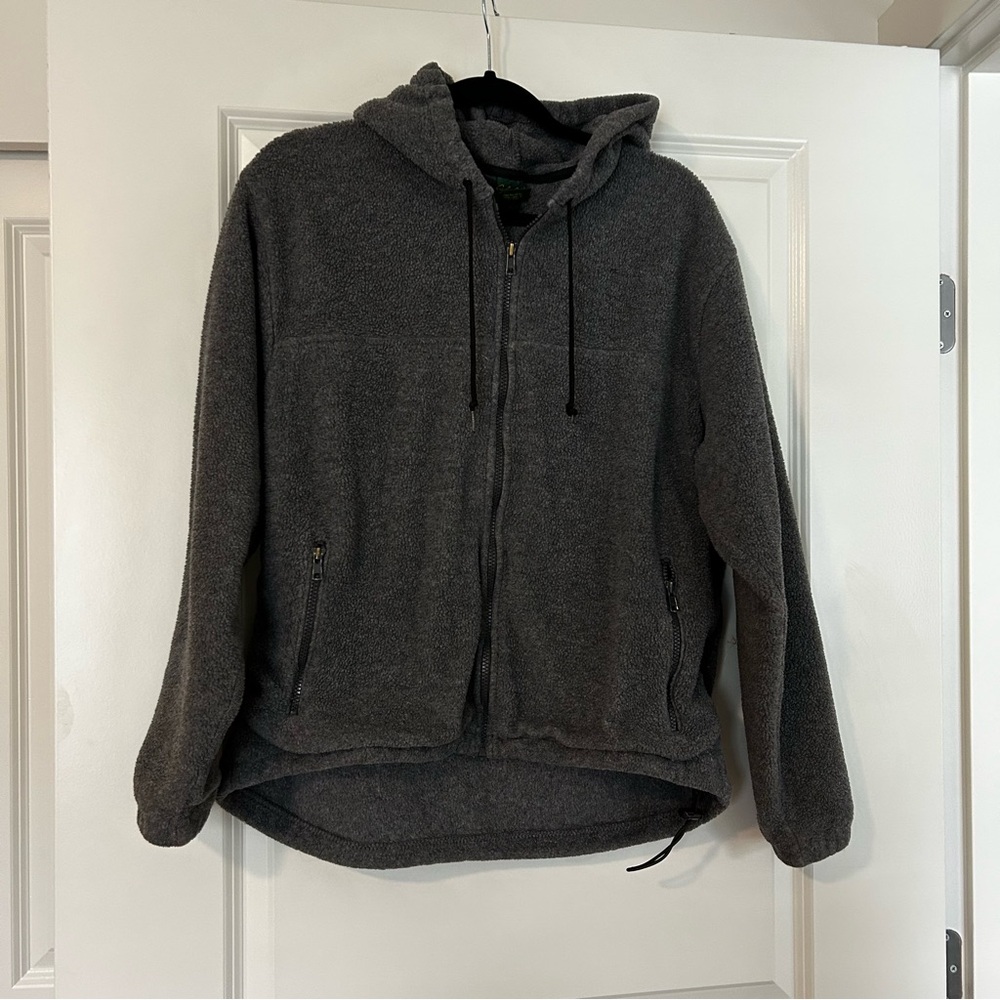 Grey Cabela's polartec zip-up hoodie fleece jacket with hood pockets and black